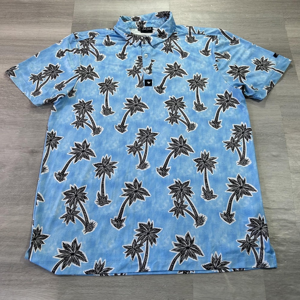 Bad Birdie Polo Shirt Mens Medium Blue Palm Tree Golf Performance Stretch‎
